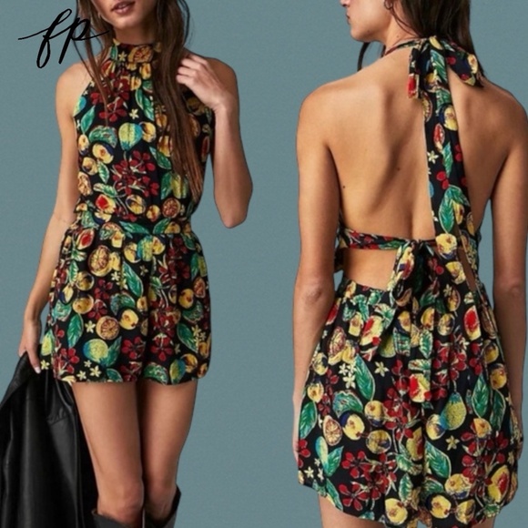 NWT FREE PEOPLE Coral Tides Adjustable-Sash-Tie Open Back Halter-Neck Romper/MD - Picture 4 of 15